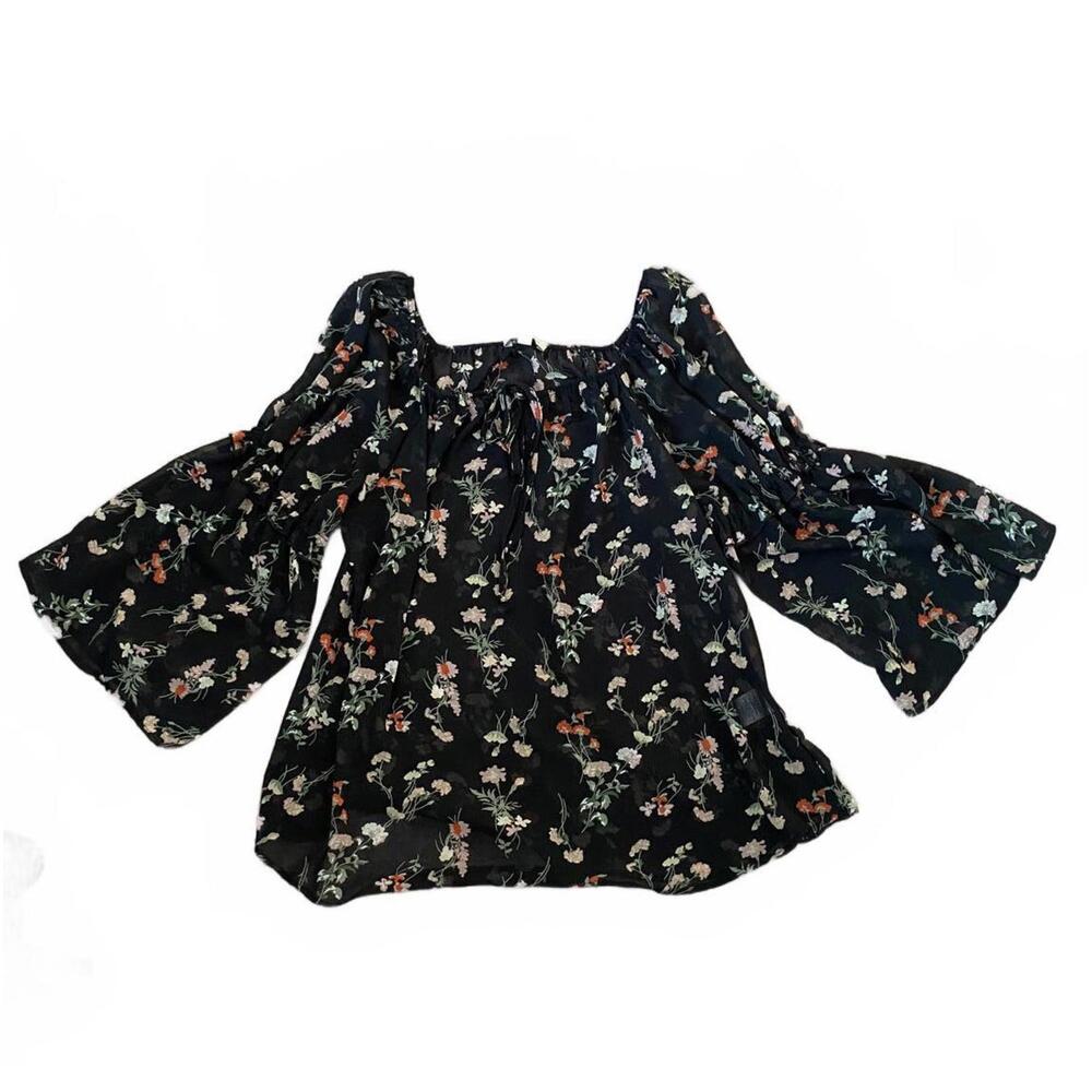 Status by Chenault Sheer Dark Fairycore Floral Bell Sleeve Top Size Medium
